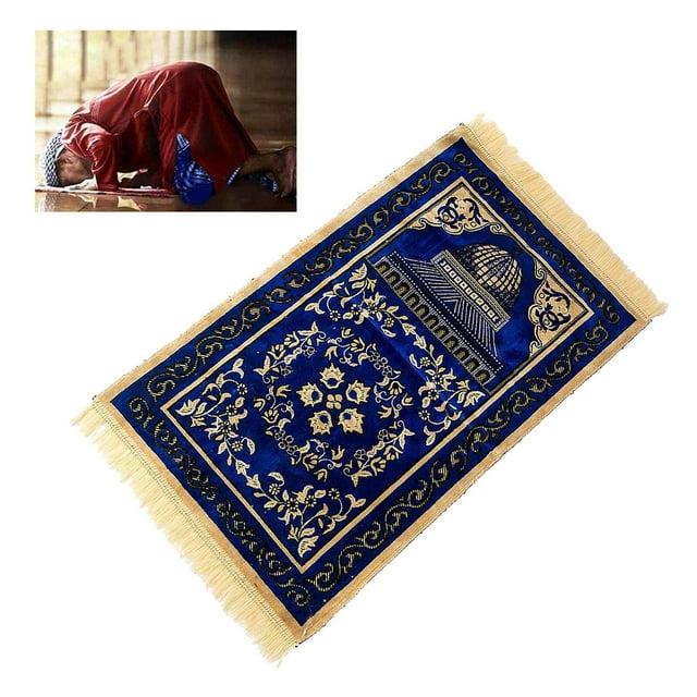 kurtrusly Muslim Prayer Rug Eid Embroidery Tapestry Carpet Non-Slip Mat Blue