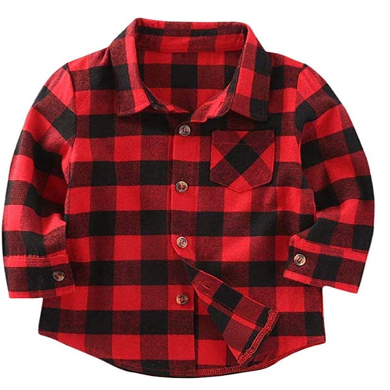 Kids Little Boys Girls Baby Long Sleeve Button Down Red Plaid Flannel Shirt Plaid