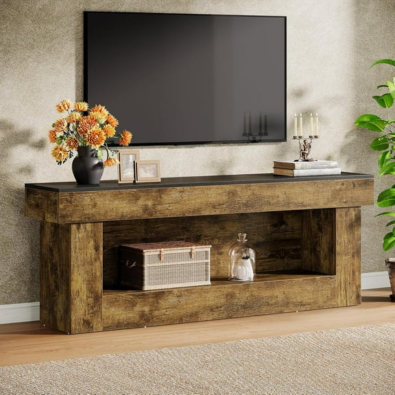 Finmind 63" Farmhouse TV Stand for 60/65/70 Inch TVs, Rustic Media Console Entertainment Center with Open Shelves for Living Room or Bedroom, Brown and Black