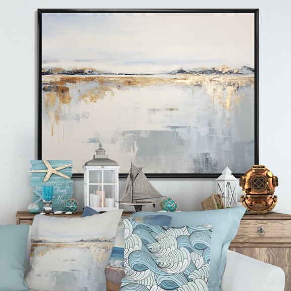 Designart "Striking Beige And Gold Skyline By The Coast" Port Landscape Floater Framed Wall Art Living Room