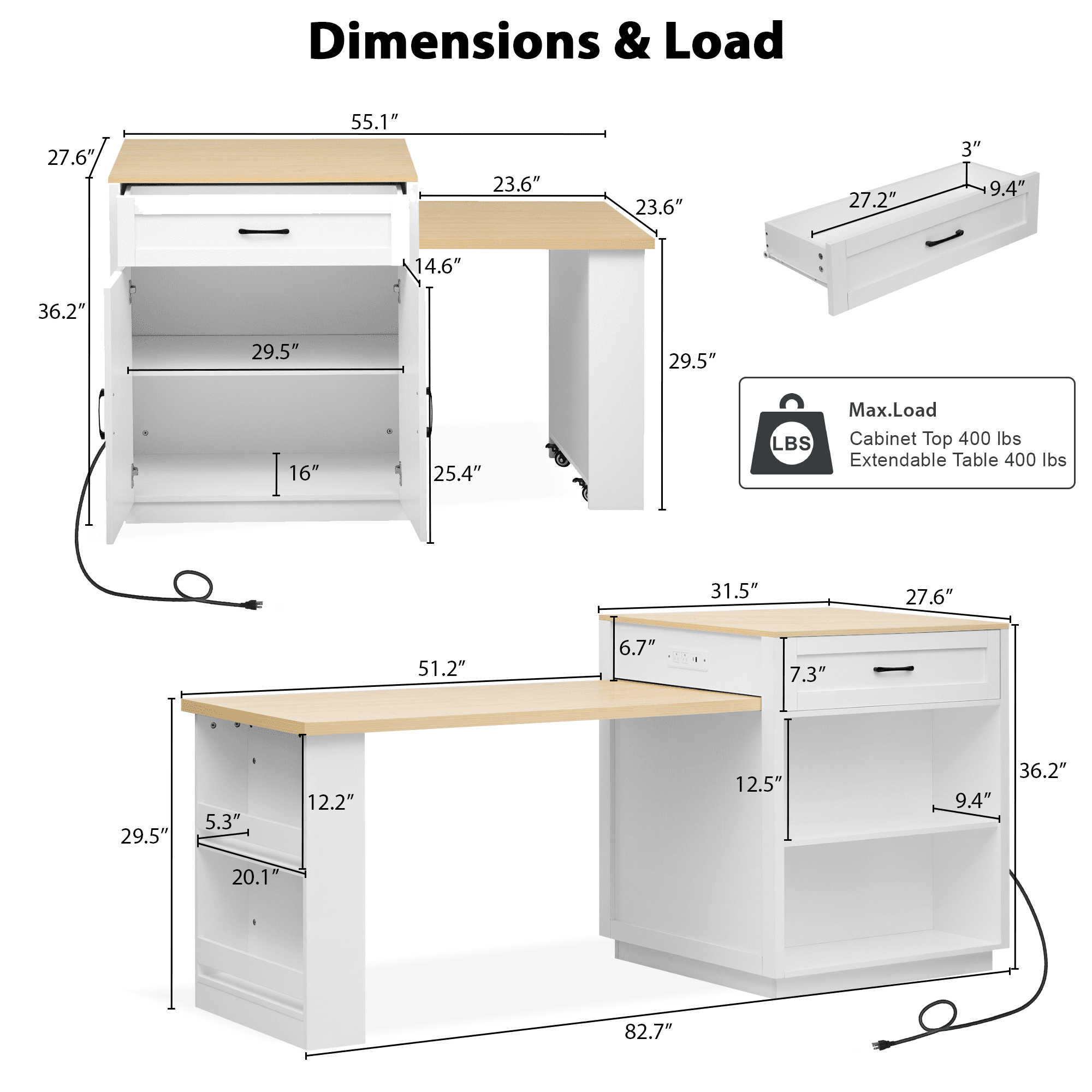 EUROCO 82.7" Kitchen Island with Extendable Dining Table for 4-6 Person,Two-tone Kitchen Table with Double-sized Storage, Power Outlet,2 Drawers and 2 Side Open Shelves,White