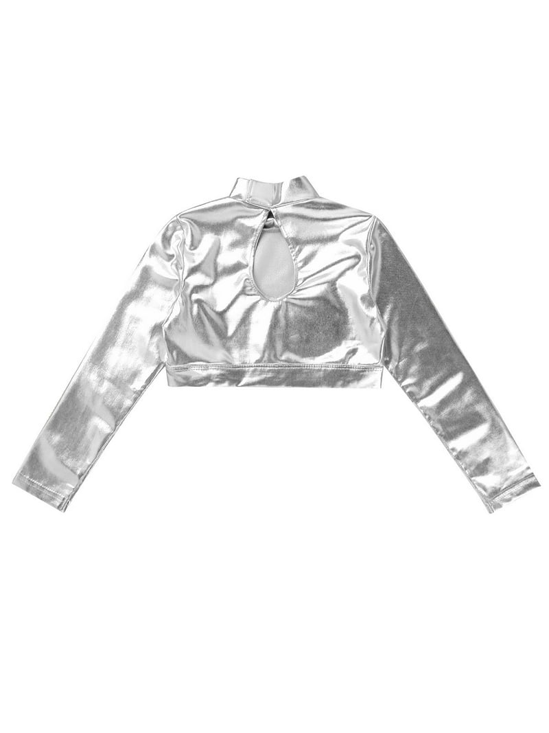 inhzoy Kids Girls Long Sleeves Crop Tops Shiny Metallic Turtleneck