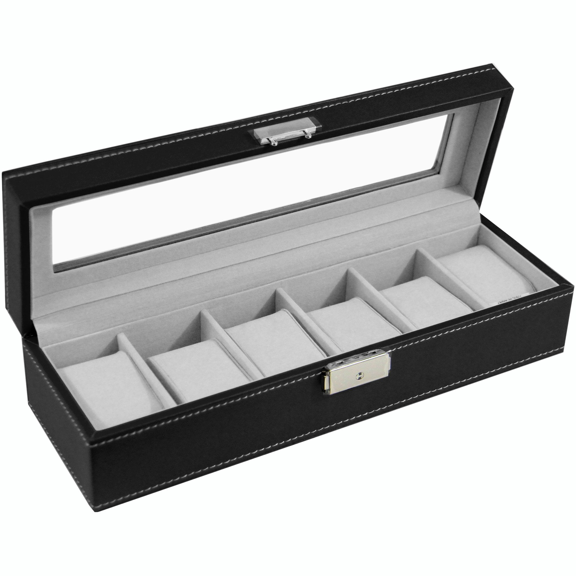 Watch Box Leather Glass Top Jewelry Case Watch Organizer