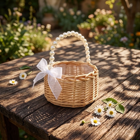 Handwoven Rattan Flower Girl Basket with Pearl Handle, Small Wicker Wedding Ceremony Basket, Rustic Farmhouse Decor for Garden Storage Wedding Party Home Decoration, Khaki