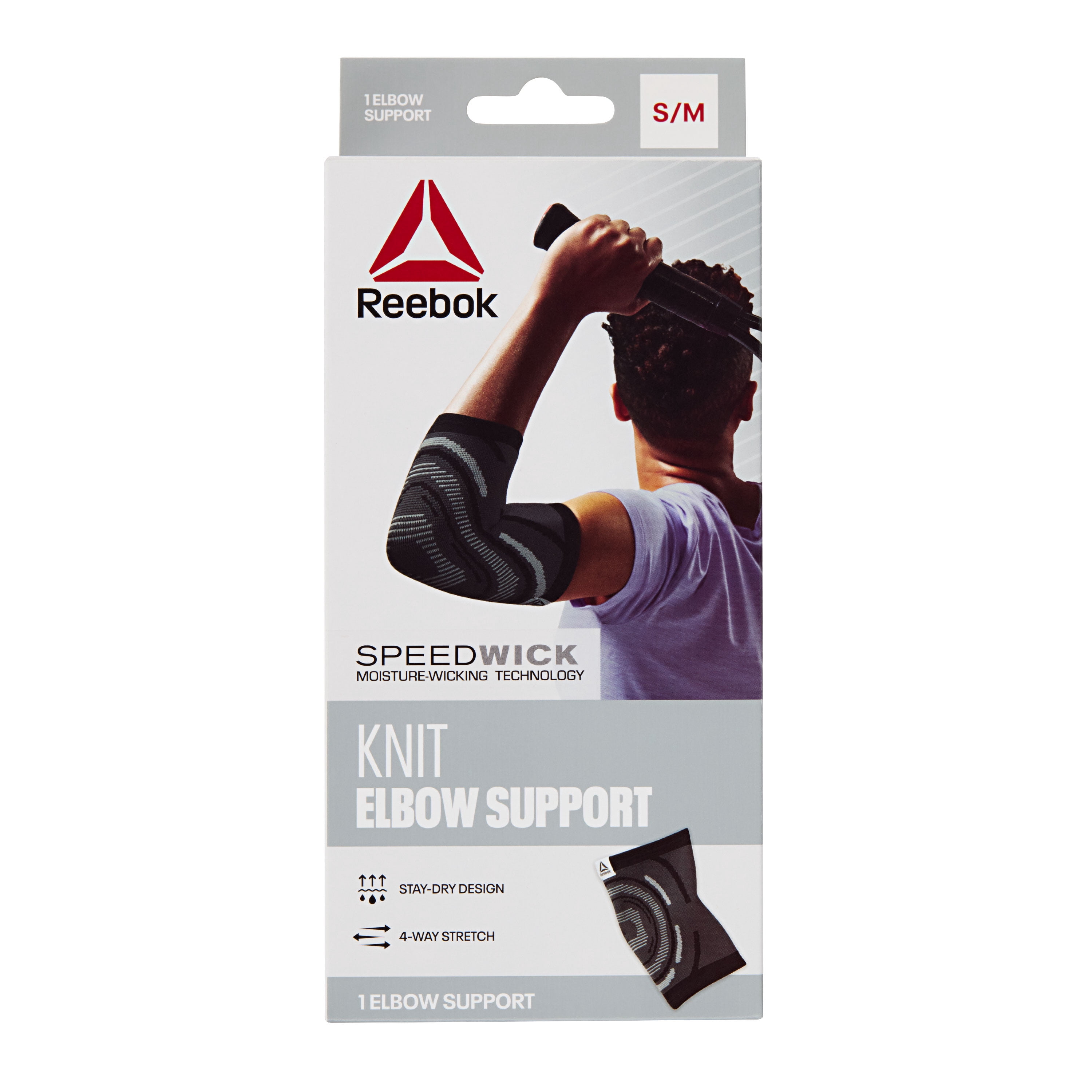 (2 pack) Reebok Delta Speedwick Moisture-Wicking Elbow Support, 4-Way Stretch Knit, Black, Unisex, S/M