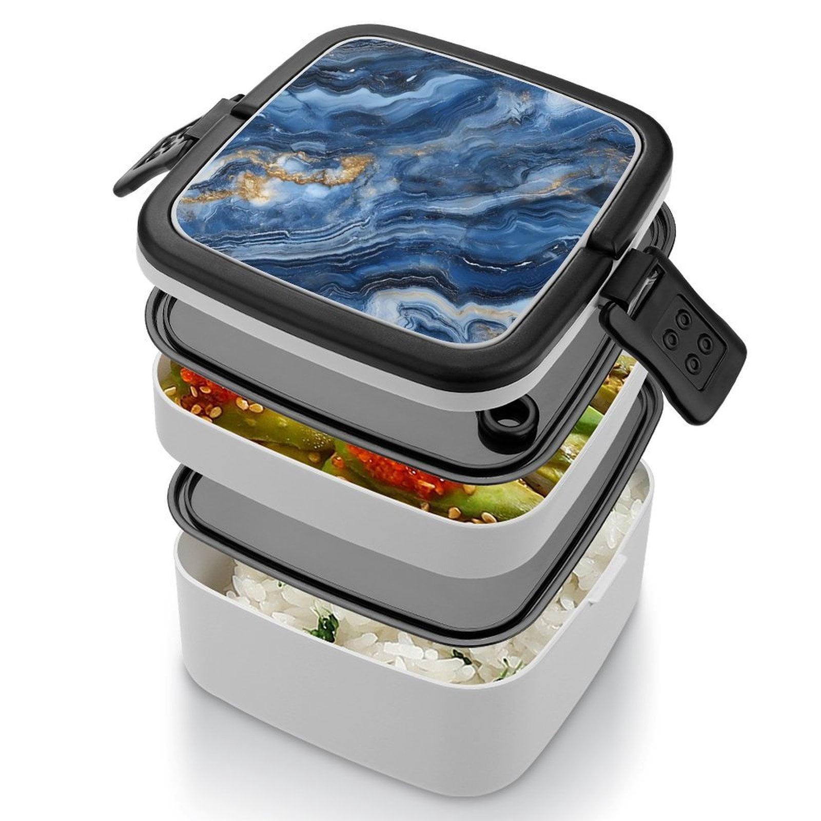 5.3×4.3in Double-Layer Bento Box Sealing Leakproof Partition Design Buckle Design Convenient Switch With Handle SteelBlue Marble_3