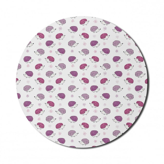Hedgehog Mouse Pad for Computers, Watercolor Style Funny Smiling Spiny Mammals with Hand Drawn Daisy Flowers, Round Non-Slip Thick Rubber Modern Mousepad, 8" Round, Pink Purple White, by Ambesonne