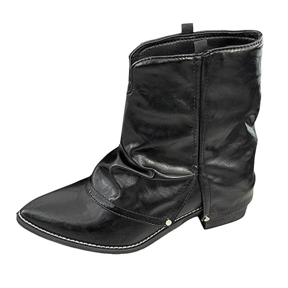 Womens Pointed Toe Fold Over Boots Comfortable Wide Calf Ankle Booties Block Low Heel Mid Calf Fall Boots Black Size 8