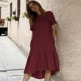 thumbnail image 6 of Plus Size Summer Dresses for Women Round Neck Ruched Waist Dress Women's Summer Solid Color Round Neck Short Sleeve Ruffle Midi Dress Wine L, 6 of 6