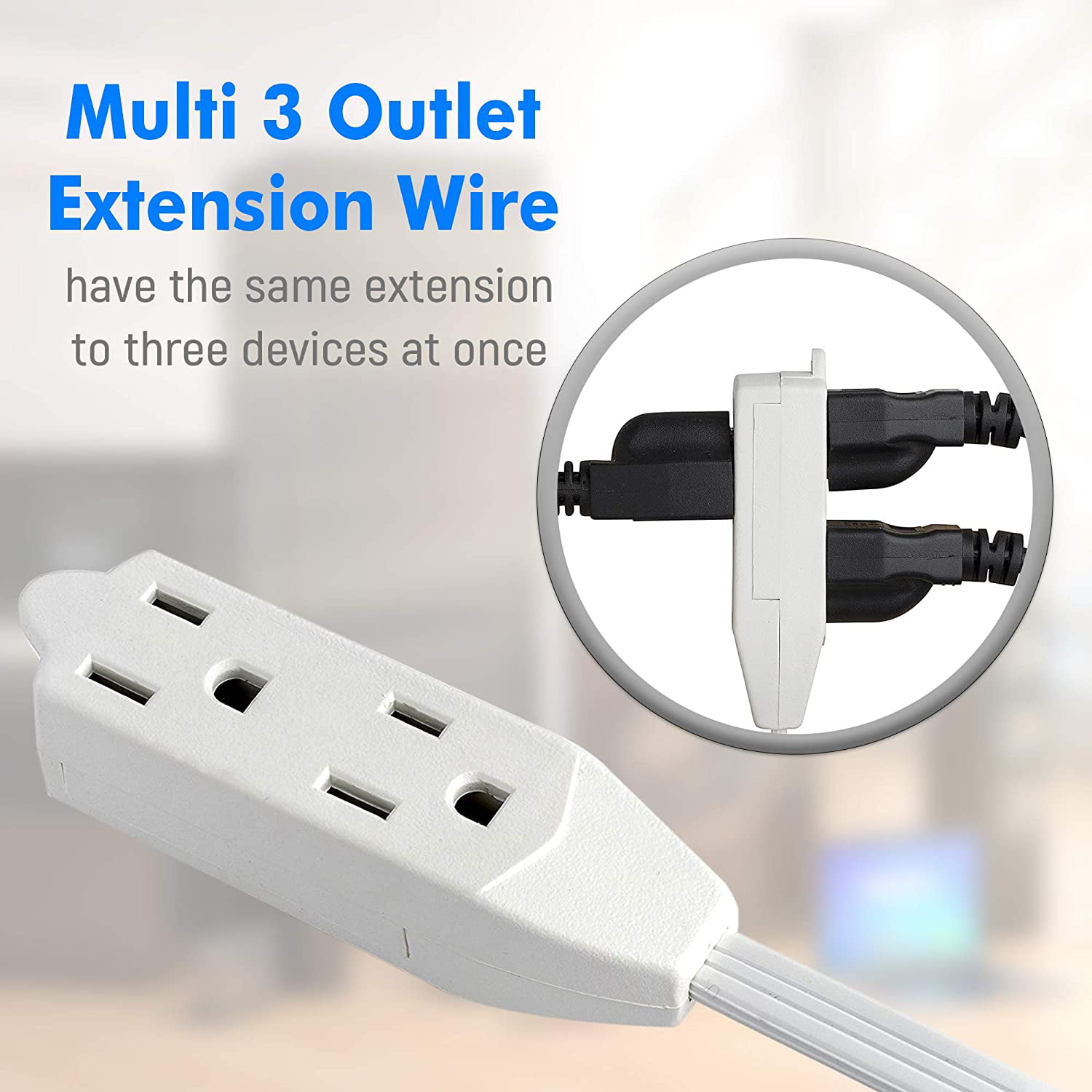 White 3 Prong Grounded Wire 16 AWG Multi 3 Outlet Extension Wire Maximm Cable 10 Ft 360° Rotating Flat Plug Extension Cord/Wire UL Listed