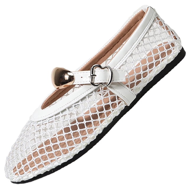 Wdhugt Women'S Retro Round Toe Net Buckle Flat Shoes For Spring Season Airy Comfortable Lightweight Elegant Ivory Mesh Us5.5 9.06In