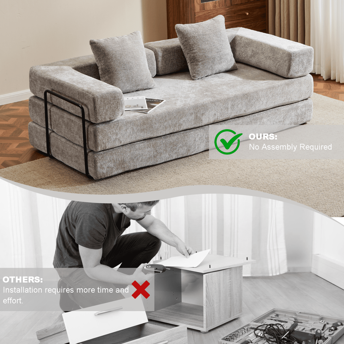 Convertible Sleeper Sofa Bed with Pillows, Chenille Folding Mattress Couch with Fixed-Shape Frame, Floor Sofa Bed Couch for Living Room Bedroom Lounge,Light Gray+Chenille
