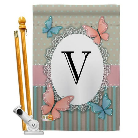 Breeze Decor BD-BG-HS-130152-IP-BO-D-US14-BD 28 x 40 in. Butterflies V Initial Garden Friends Bugs & Frogs Impressions Decorative Vertical Double Sided House Flag Set & Pole Bracket Hardware