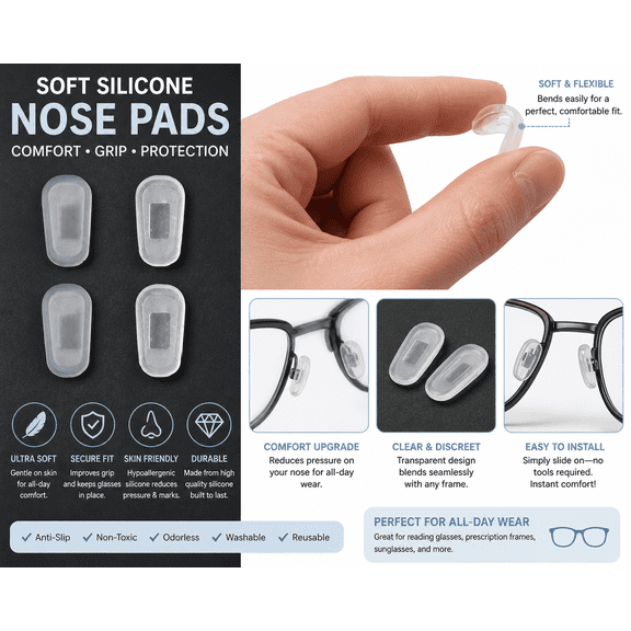 Enhance Your Comfort with Silicone Nose Pads for eyeglasses (2 Pair) with two complimentary cleaning cloths