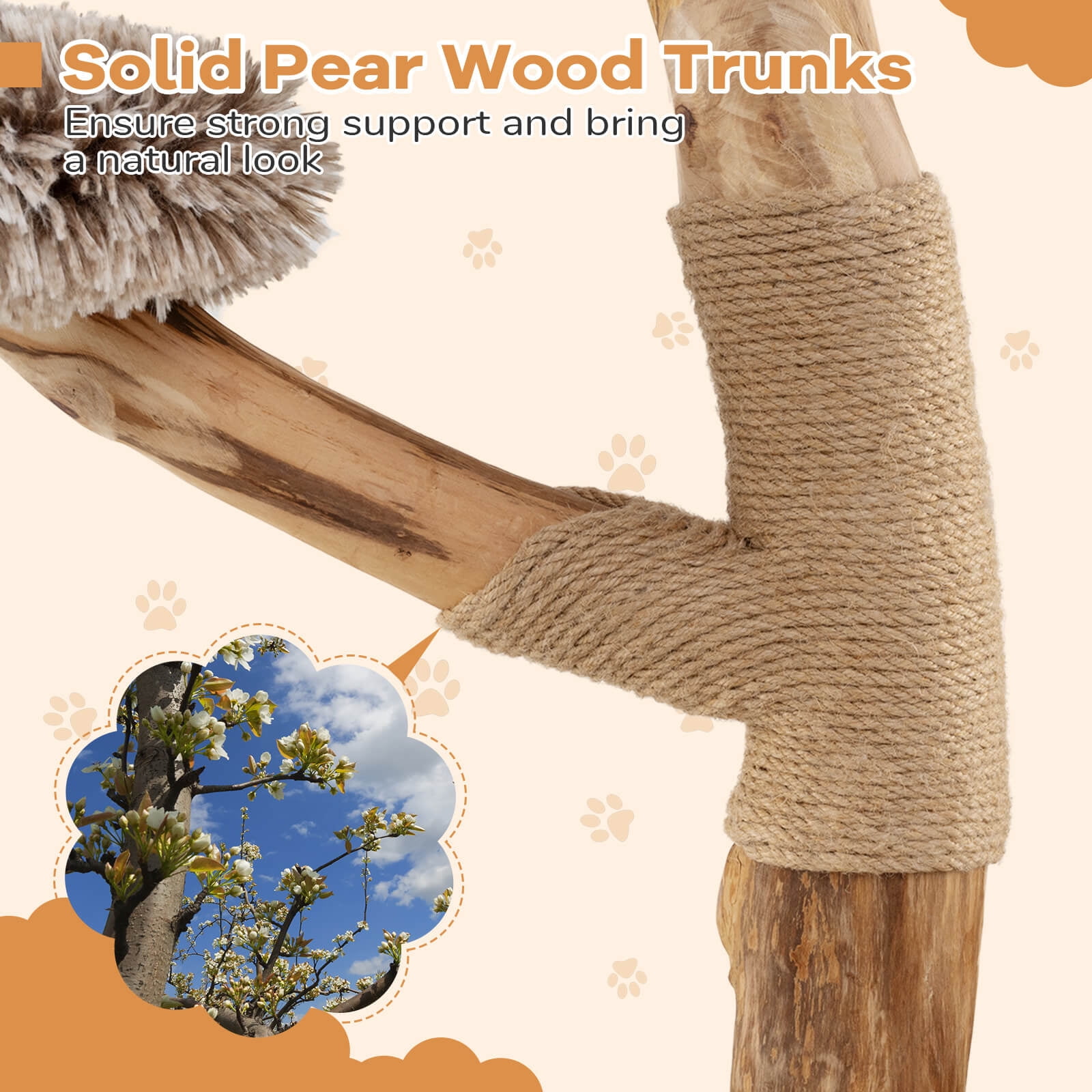 Costway Modern Cat Tree with Pear Wood Trunks Scratching Posts Soft Long Plush Fabric