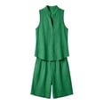 thumbnail image 7 of Guieoi Matching Tank and Shorts Set Summer Loose-Fit Casual Cotton-Linen Collared Sleeveless Half-Button Outfit Green L, 7 of 7