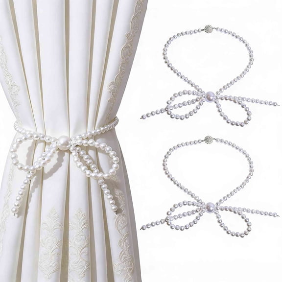 2Pcs Pearl Bow Curtain Tiebacks, Magnetic Curtain Holders Curtain Tie Backs No Drill Drapery Curtains Holdbacks Home Decor for Office Hotel Bedroom Living Room