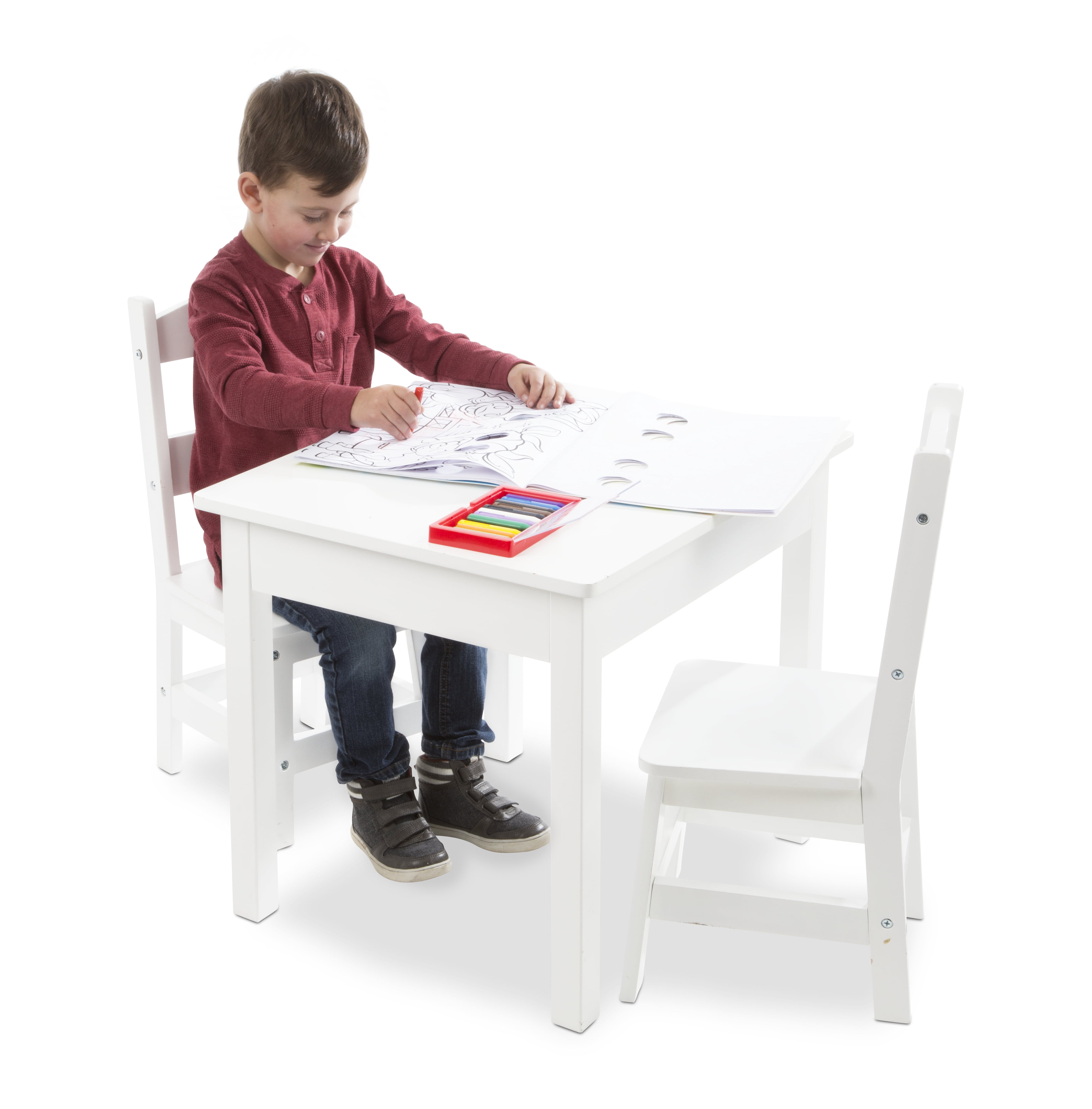 Melissa & Doug Wooden Kids Table and 2 Chairs Set - White Furniture for Playroom