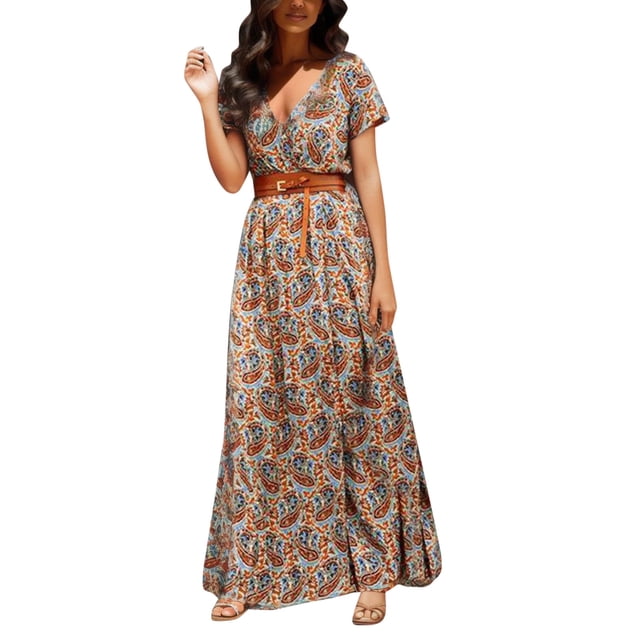 Kcodviy Women Daily Slim Dress Mid Length Dress Long Dress Sleeveless Cold Deep V Dress Shoulder Solid&Print Split Hem Casual Summer Beach Dress Drawstring Casual Dress