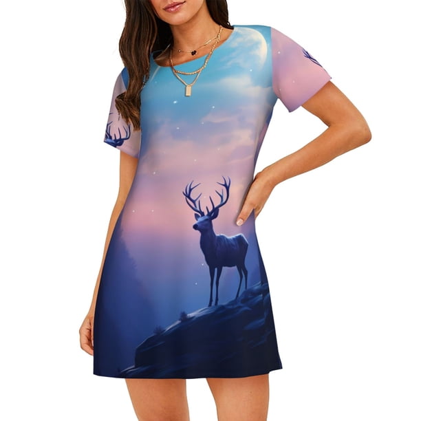Fotbe Night Sky Elk Bata de Dormir para Mujer con Estampado, Camisón de Algodón de Manga Corta, Ropa de Dormir Casual