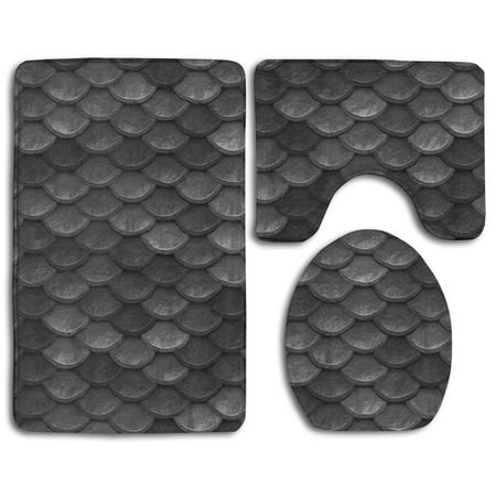 Fish Bath Mats & Rugs PUDMAD Beautiful Charcoal Gray Mermaid Fish Scales 3 Piece Bathroom Rugs Set Bath Rug Contour Mat and Toilet Lid Cover ()