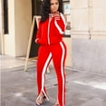 thumbnail image 2 of 2 Piece Outfits for Women Solid Color Stripe Off Shoulder Zipper Long Sleeves Jacket Pants with Pockets Casual Tracksuit, 2 of 4