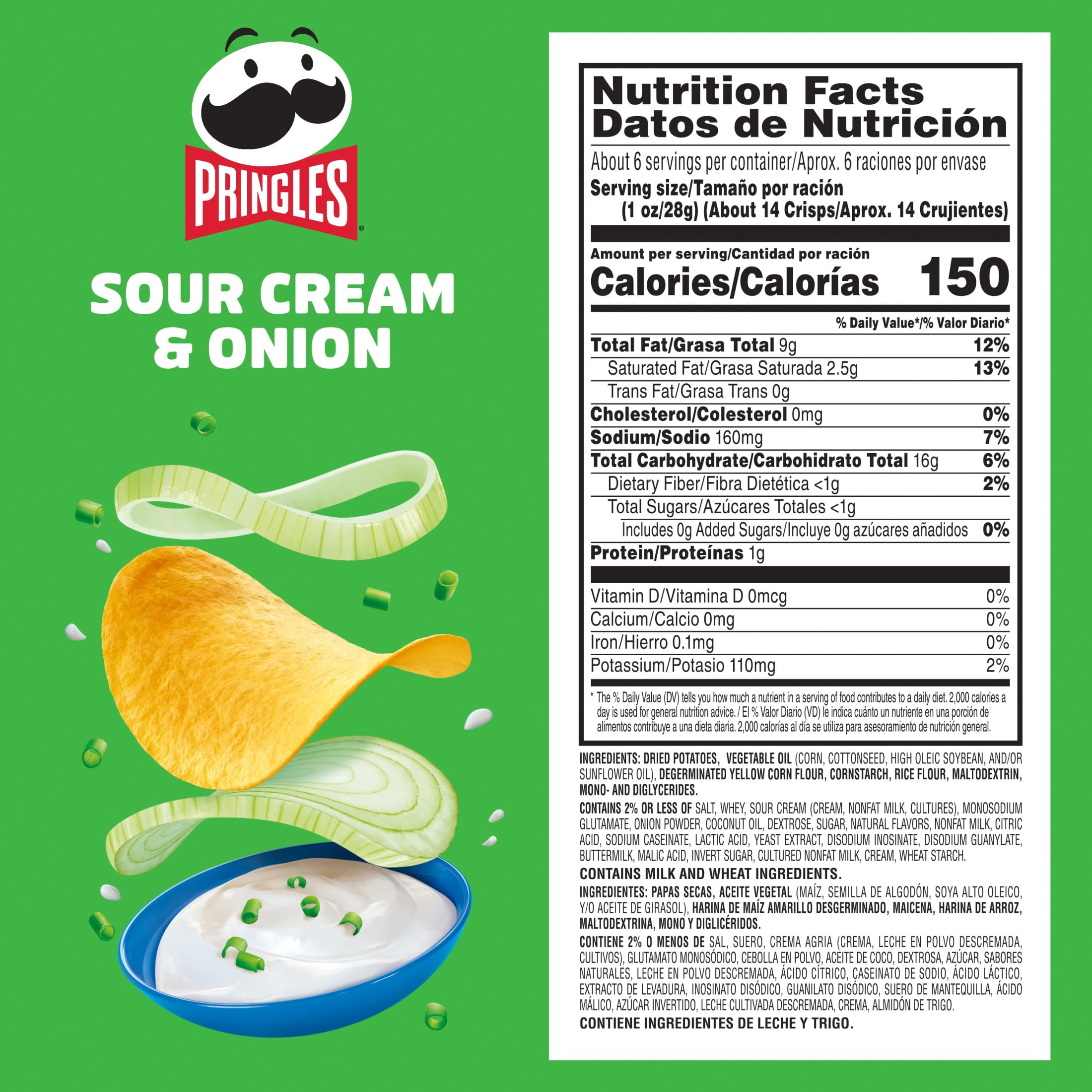 Pringles Sour Cream and Onion Potato Crisps Chips, Lunch Snacks, 5.5 oz Canister