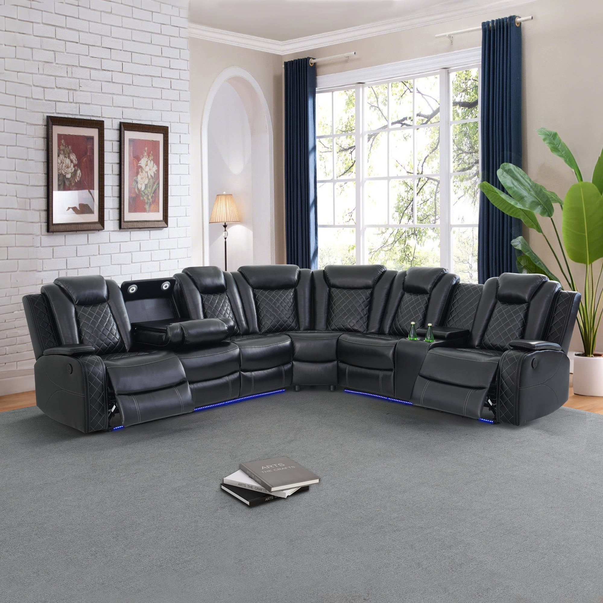 Gewnee Air Leather Power Recliner Sectional Sofa，L‑Shaped Recliner Couch with Cup Holders，Wireless Charging, LED Ambient Light, Console Storage，Home Theater Sofa for Living Room,Black