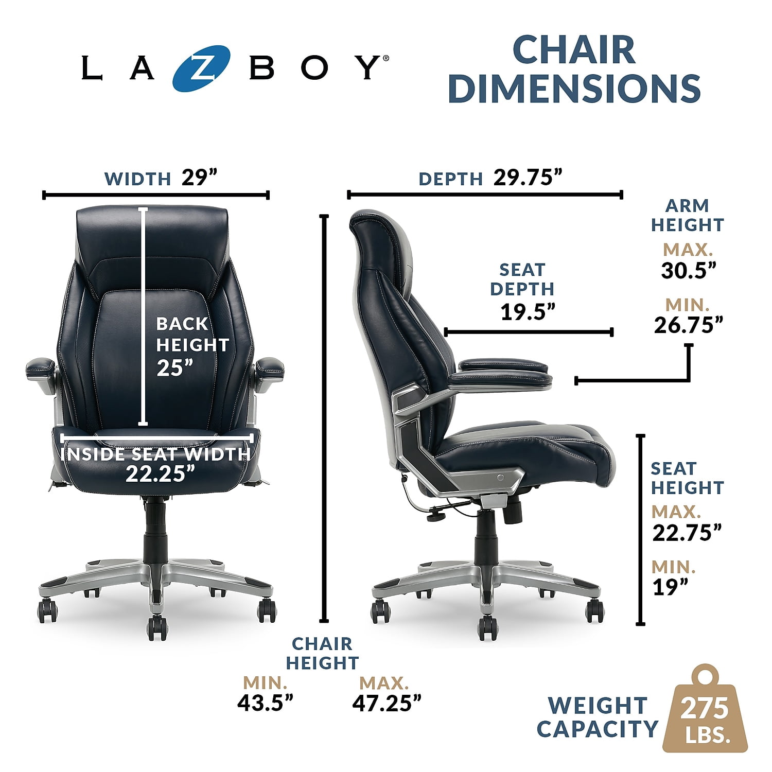 La-Z-Boy Meyer Ergonomic Bonded Leather Swivel Executive Chair Navy (60082-NVY)