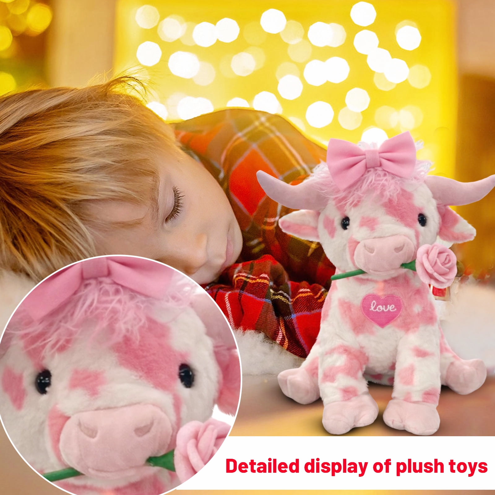 14inch Kawaii Pink Cow with Rose Stuffed Animals Plush Toy, Soft Plush Doll, Perfect Birthday Christmas Valentines Anniversary Easter Holiday Gifts, Easter Basket Stuffers