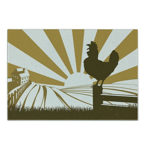 Rooster Cutting Board, Morning in the Farm with Cockerel at Dawn with Sunrise in the Background, Decorative Tempered Glass Cutting and Serving Board, Small Size, Sepia Pale Coffee, by Ambesonne