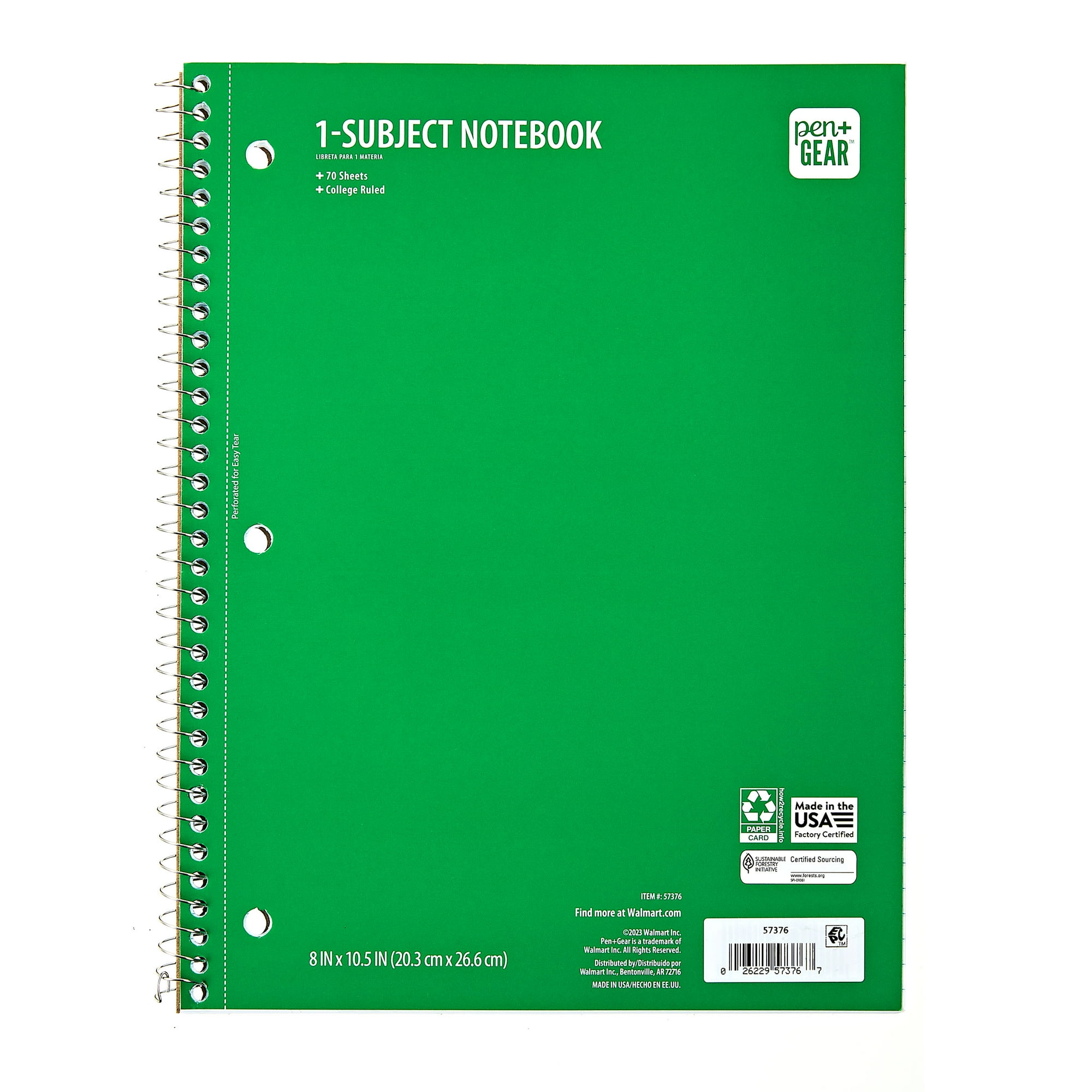 Pen+Gear College Ruled 1-Subject Notebook, 8 in x 10.5 in, Green, 70 Sheets