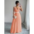 thumbnail image 3 of Coral Pink Sleeveless V-Neck Lace Bodice Cinched Waist A-Line Maxi Party Dress For Women, 3 of 6