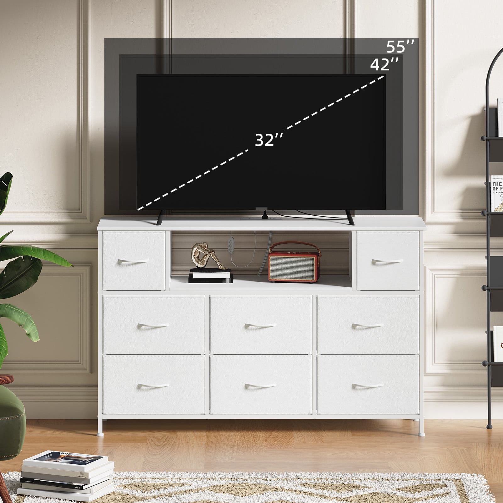 Eunos White Tv Stands for 65" Tv with 8 Drawers, LED & Power Outlets for Bedroom, Living Room