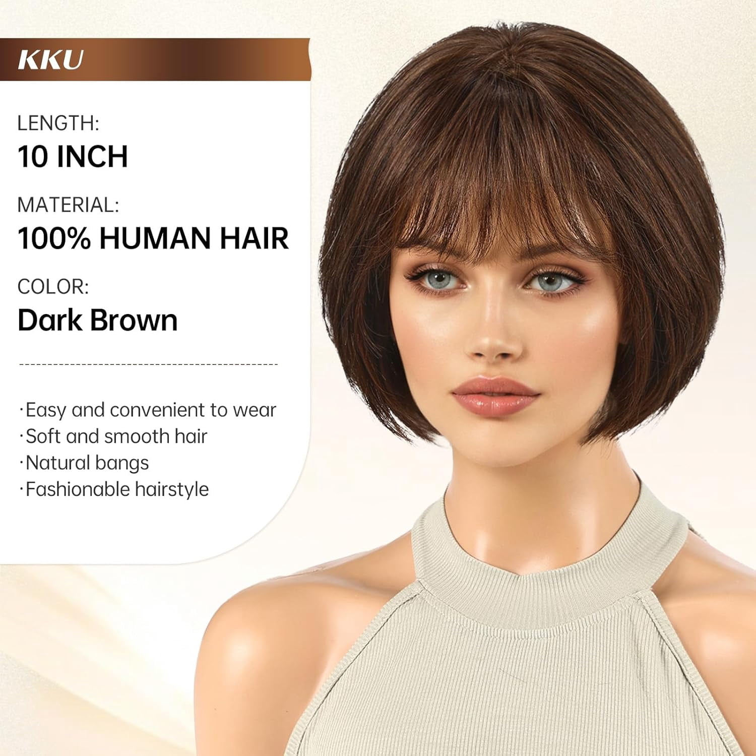 DOPI 10 Inch Brown Mixed Blonde Wigs Human Hair for Women, Remy Human Hair Wigs, Human Hair Wigs with Bangs