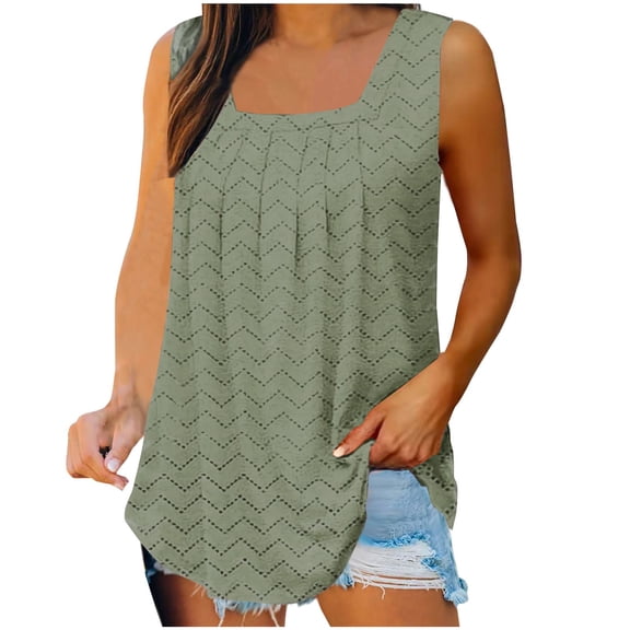 Lovskoo Tank Top for Women Solid Color Eyelet Pleated Square Collar Tank Tee Summer Casual Loose Sleeveless Shirt Olive Green 2XL