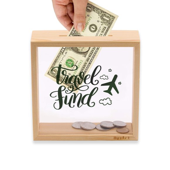 HuaArt Piggy Banks for Adults,Decorative Shadow Box Wooden Frame,Coin Bank Money Bank,Sized 6.5x6.5x2 Inch,Natural Wood Money Box,Travel Fund Printed on The Plexiglass Front.