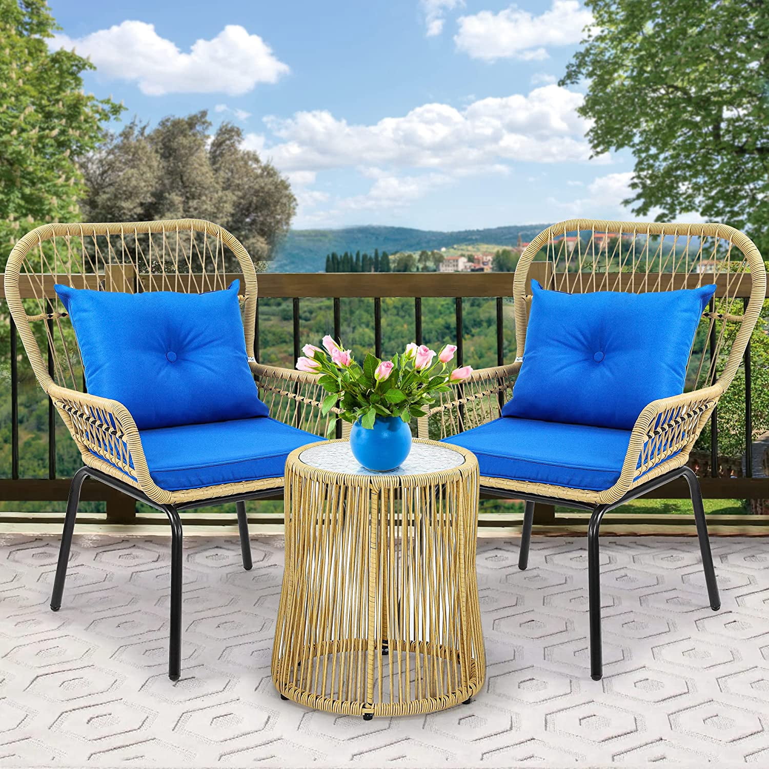 Dextrus 3-Piece Outdoor Patio Furniture Wicker Bistro Set, All-Weather Rattan Conversation Chairs for Backyard, Balcony and Deck with Soft Cushions, Glass Side Table (Light Brown+Navy Blue)
