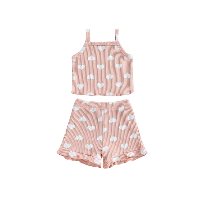 Gupgi Baby Girl Heart/Floral Print Sleeveless Ruffle Rib Vest and Elastic Waist Shorts 2Pcs Set
