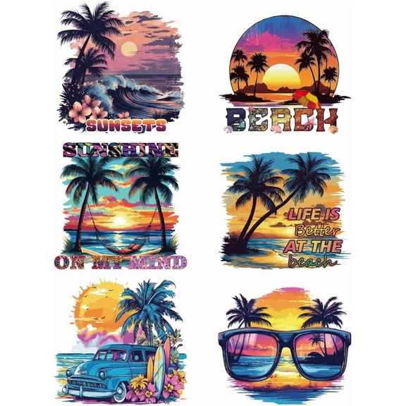 6 Pcs Iron on Decals Patches 6 Sizes Summer Beach Theme Iron on Stickers Coconut Trees Sunrise Hammock Heat Transfer Stickers Plastic Washable Patches for DIY Clothes Decor Backpacks Cover