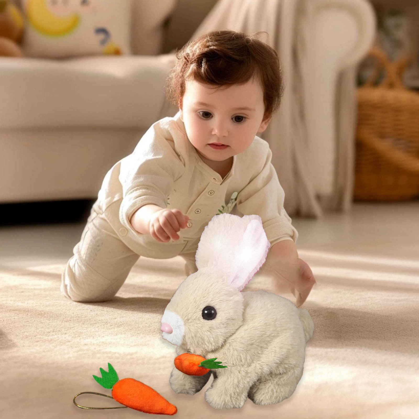 Realistic Rabbit Plush Toy Handmade Easter Bunny with Jumping Twitching Moving Ears, Lifelike Animal Stuffed Rabbit for Easter Basket Stuffers Spring Decor Home Decorations