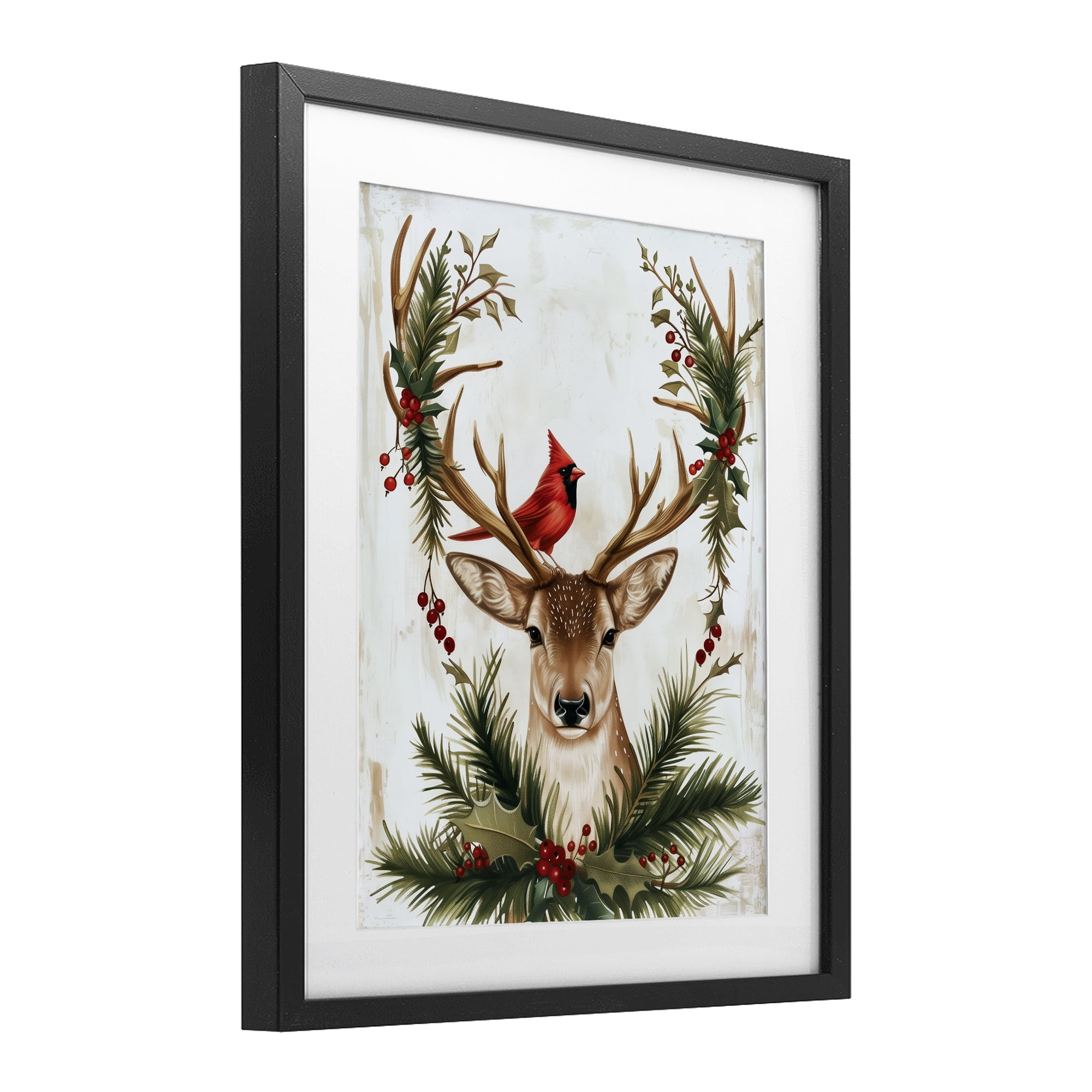 Stupell Industries Cardinal & Deer with Festive Flora Black Framed Print Under Glass, design by Acorn & Ivory Designs