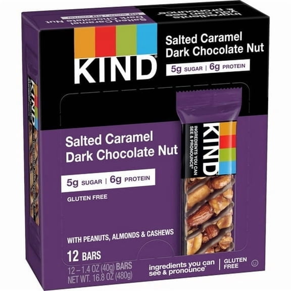 KIND Salted Caramel Dark Chocolate Nut Bars – 12ct, 1.4 oz Each (16.8 oz Total), 6g Protein, 5g Sugar, Gluten-Free Nut Snack Bars