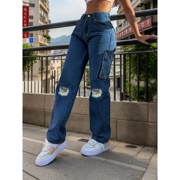 aPAY WomenS Jeans Long Denim Cargo Pants Pants Y2k Vintage Holes And Multiple Pockets Regular Size