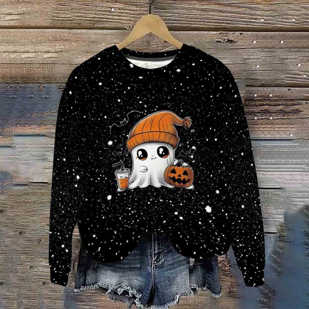 Heisall Womens Hoodies Halloween-themed Sparkling Print Round Neck Long Sleeve Fleece-lined Casual Sporty Fashion Sweatshirts