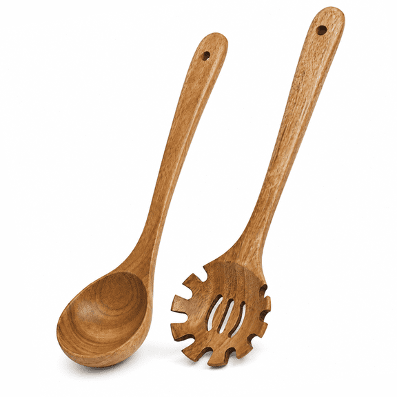 RYLZX 2 Pcs Wooden Spoons for Cooking of Soup Ladle &Spaghetti Pasta Spoon with Teeth, Teak Wood Soup Ladle Slotted Pasta Fork Strainer Spoon Set for Serving Collecting Noodle Gravy Sauce