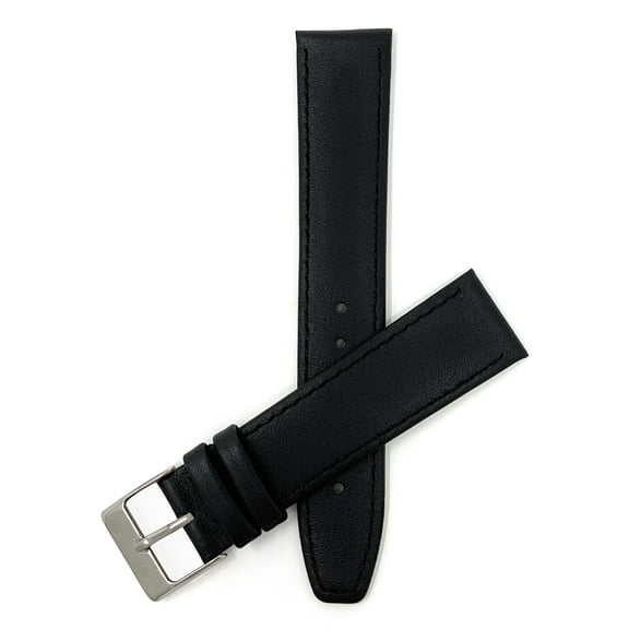 Bandini 18mm Italian Leather Watch Strap Band - Matt Black with Stitching - Classic - Slim