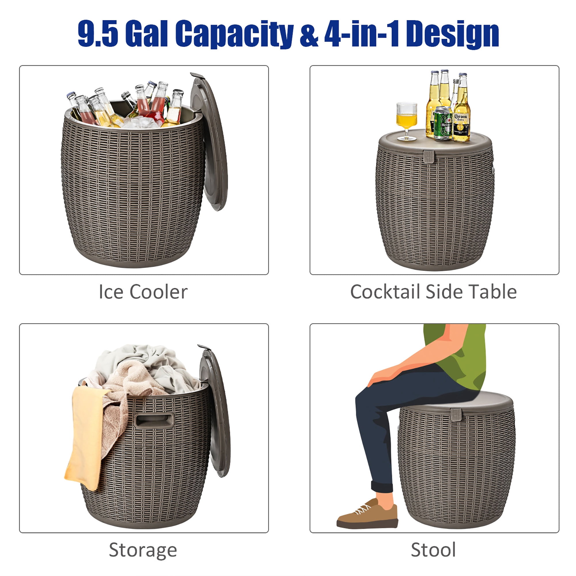 Costway 9.5 Gallon 4-in-1 Patio Rattan Cool Bar Cocktail Table Side Table Brown