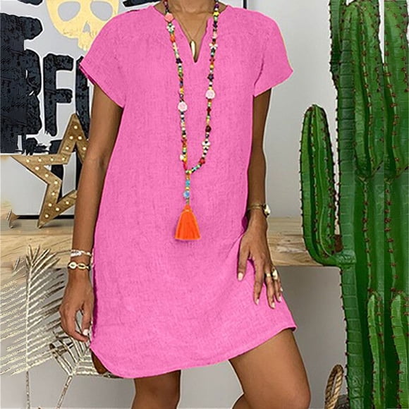 LOVZFMLL Fashion Women Loose V-Neck Summer Solid Short Sleeve Cotton And Linen Dress Pink L