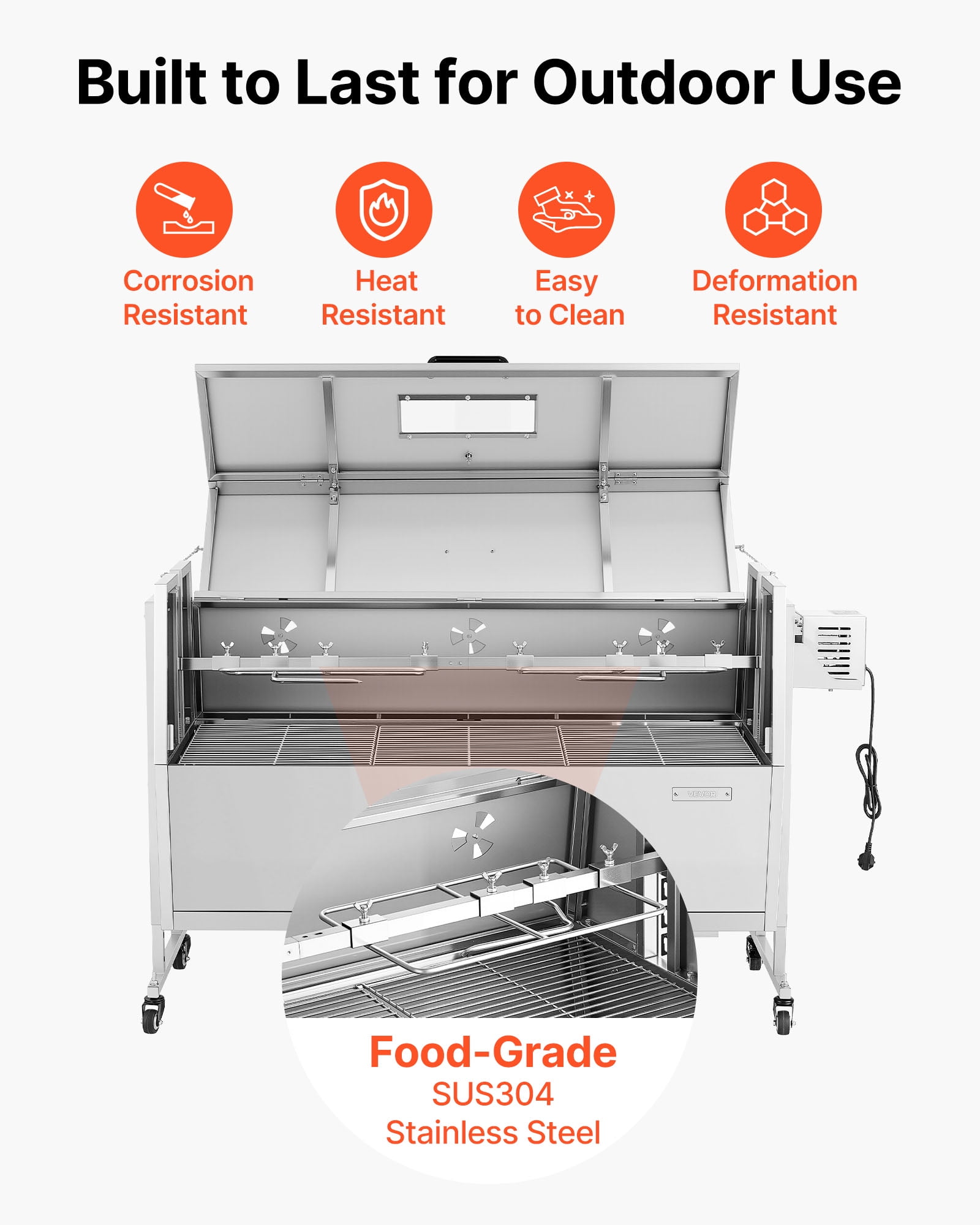 VEVOR Rotisserie Grill, 38W BBQ Outdoor Pig & Lamb Spit Roaster, Charcoal Spit Roaster with 132 LBS Capacity, Wheels & 4-Level Height, Stainless Steel Rotisserie Grill Kit for Camping Outdoor Parties